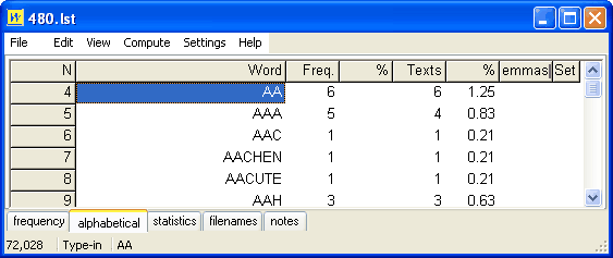 wordlist with status bar